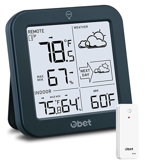 Indoor Outdoor Thermometer Wireless Weather Station, Battery Powered Inside Outside Thermometers Remote Temperature Humidity Monitor with Backlight and Dew-point for Office Bedroom Greenhouse (500 Ft)