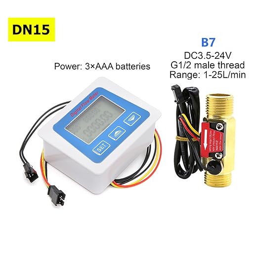 Smart Digital Water Flow Meter Set LCD Flow Rate Monitor Inline Electronic Flow Sensor with Temperature Display G1 G1/2 G3/4 Accurate Measurement(B7-DN15-Battery)