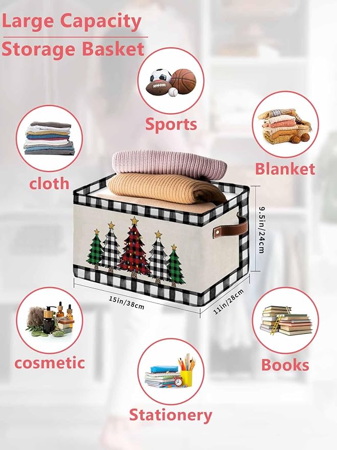 Christmas Tree Storage Bins Cubes Waterproof Cloth Storage Basket, Xmas Farmhouse Buffalo Plaid Retro Foldable Storage Bags for Shelf Closet Clothes Organizers with Handles 15x11x9.5 in 1PCS
