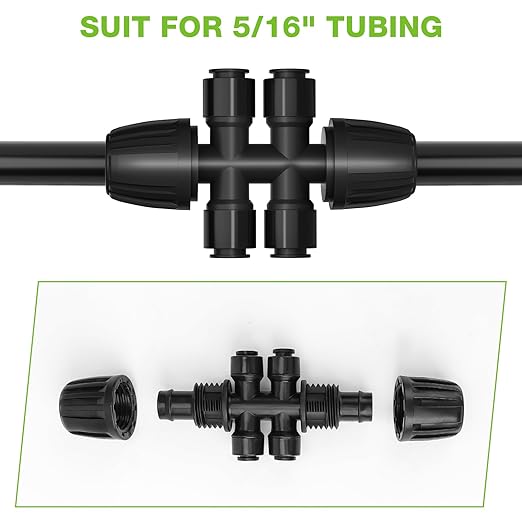 Bonviee 10 Pack 5/16” to 1/4” Push-to-Connect Tee, Split 5/16” Tubing into Four 1/4” Lines, Quick Connect Drip Irrigation Fittings, Leak-Proof 6-Way Splitter for Garden, Lawn, Greenhouse