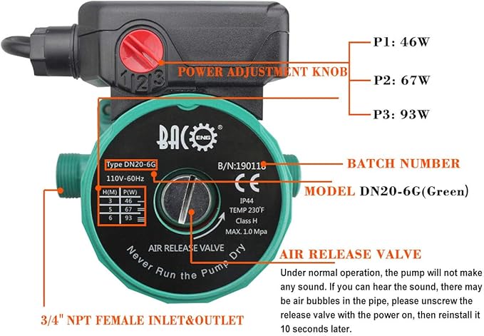 BACOENG 3/4 inch NPT Hot Water Circulation Pump for Floor Heating & Recirculating System w/Connectors
