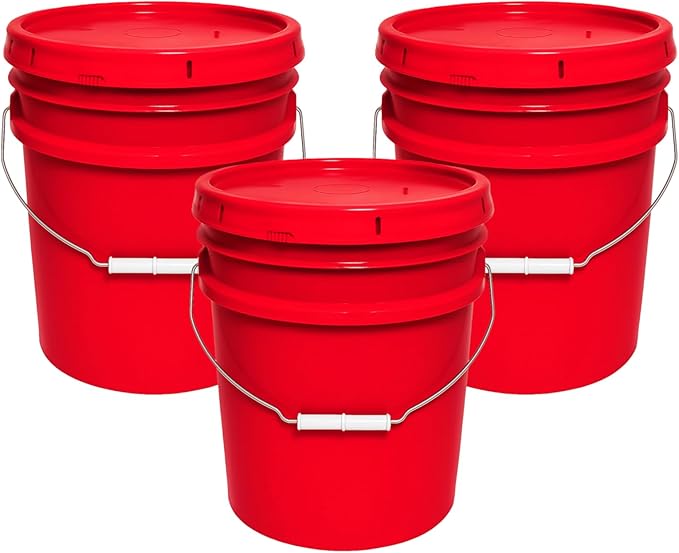 MKS Plastics 5-Gallon Bucket with Airtight Lid – Made in USA, Food Grade BPA Free Plastic, Heavy Duty Multi-Use, Metal Handle with Grip, Stackable Storage – Red, 3 Pack