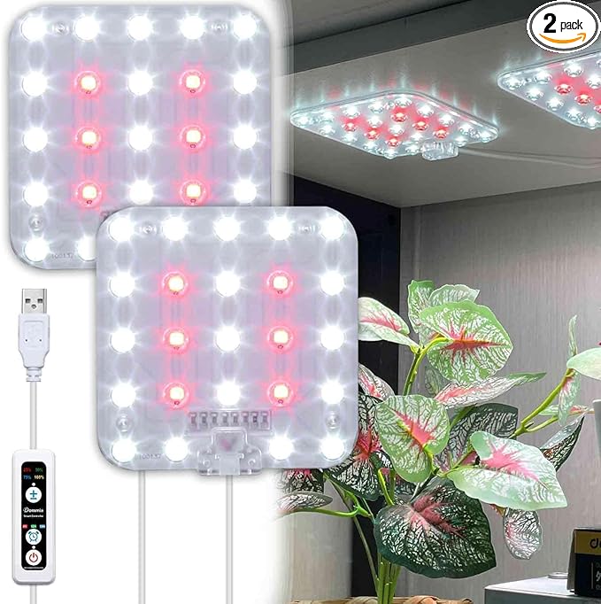DOMMIA Full Spectrum LED Grow Light for Indoor Plants, 2 Panels 10W with 6/12/16h Timer Dimmable Plant Lights for Flower Veg Plant Growth USB, Netural White, 2-Pack