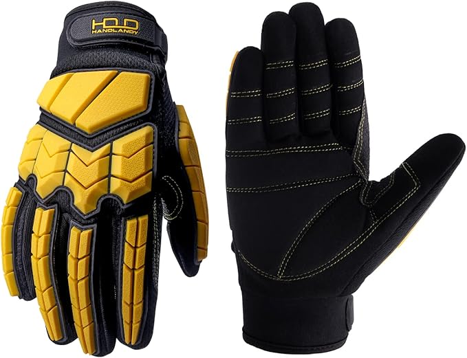HANDLANDY HLDD Heavy Duty Work Gloves, TPR Protector Impact Gloves, Men Anti Vibration Mechanic Work Glove TouchScreen