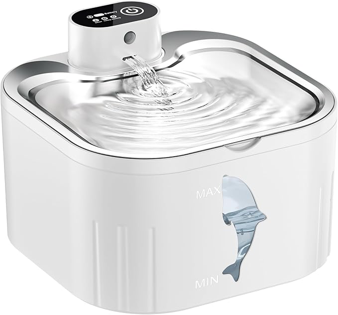 Battery Operated Cat Water Fountain 3L Water Fountains for Cats Indoor with Stainless Steel Tray Ultra-Silent Automatic Water Dispenser for Pet Easy Clean Wireless Cat Fountains for Drinking