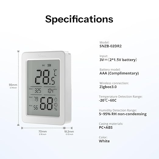 SONOFF AirGuard TH, Indoor Smart Zigbee Temperature and Humidity Sensor, 3.6'' LCD Display, App Monitoring with Charts, Notification Alerts, Data Export, Remote Data Display