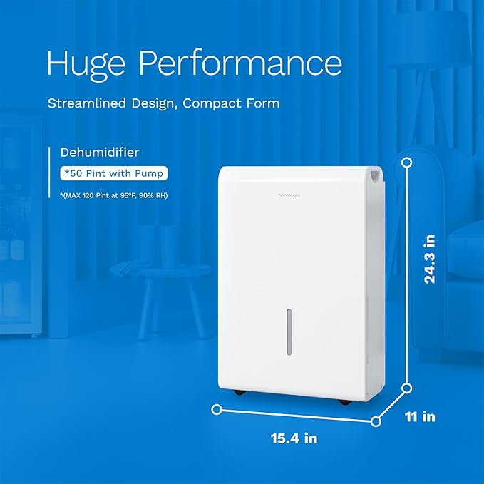 hOmeLabs Dehumidifier for Home, Office, Basements with Powerful Moisture Removal, Humidity Control, Auto Shut-off, Quiet Operation - 7,500 Sq Ft Wi-Fi with Pump (50 Pint MAX 120 Pint at 95°F, 90% RH)