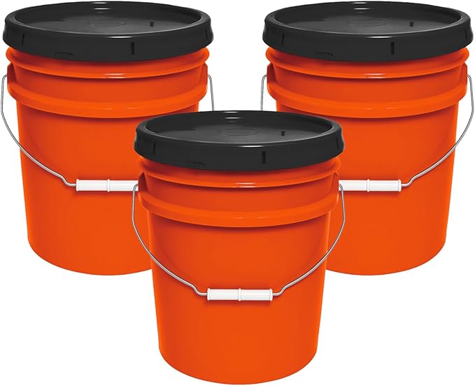 MKS Plastics 5-Gallon Bucket with Airtight Lid – Made in USA, Food Grade BPA Free Plastic, Heavy Duty Multi-Use, Metal Handle with Grip, Stackable Storage – Orange, 3 Pack