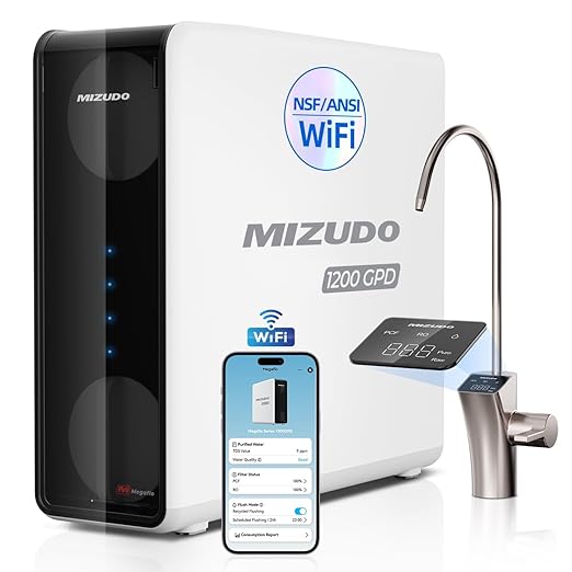 MIZUDO Reverse Osmosis System Under Sink 9-Stage Tankless Reverse Osmosis Water Filter, 3:1 RO Water Filtration System 1200GPD with APP Control, 36-Month Filter