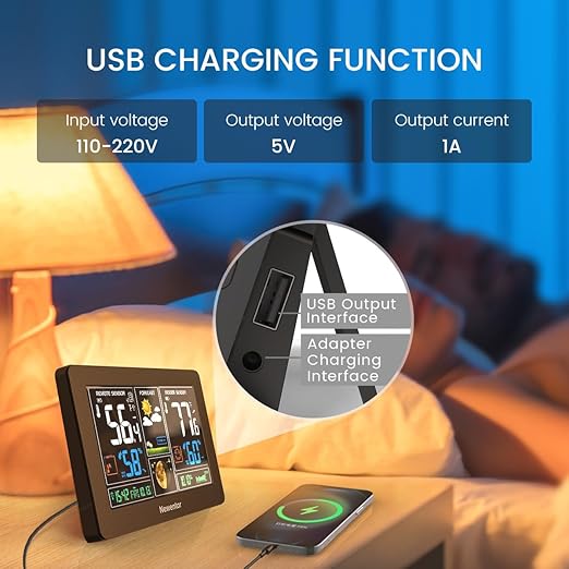 Newentor Weather Station Wireless Indoor Outdoor Thermometer, Color Display Digital Weather Thermometer with Atomic Clock, Barometric Pressure, Forecast Station with Adjustable Backlight,Black,2Sensor