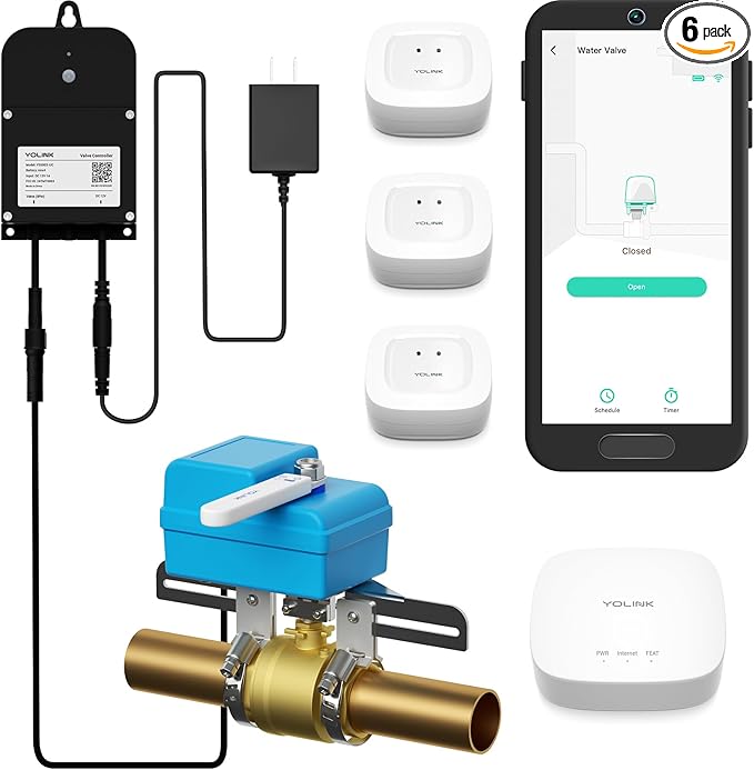 YoLink DIY Automatic Water Leak Detection & Shut-Off Starter Kit, EVO Valve Operator, Wireless Valve Controller, (3) Leak Sensors, Hub