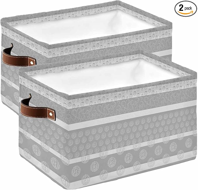 Farm Fruits Storage Bins Cubes Waterproof Cloth Storage Basket,Watermelon Lemons Peach Strawberry Grey Striped Foldable Storage Bags for Shelf Storages Organizers with Handles 15x11x9.5 in 2PCS