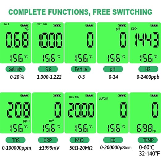 10 in 1 Water Quality Tester PH/TDS/Salt/SG/ORP/EC/Hydrogen/Resistivity/Temp/Nutrient Multifunction Testing Pen for Pool Aquarium