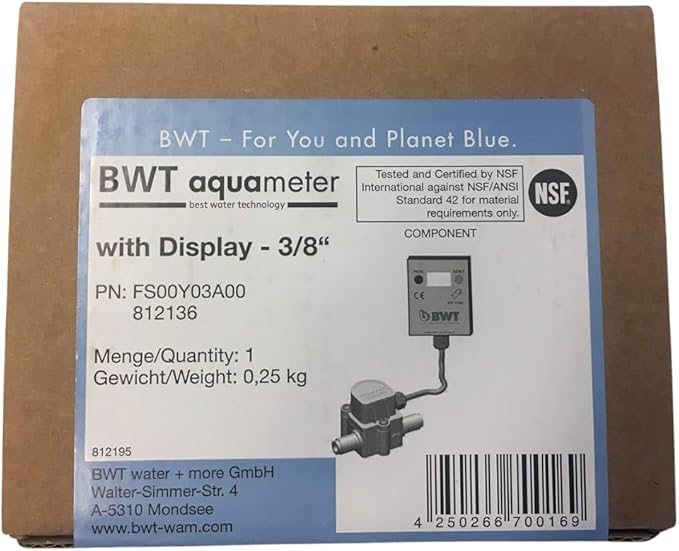 BWT Aquameter LF Water Filter Meter 3/8" with LCD Display – Low Flow (10–100 l/h) – For Espresso Machines – Compatible with BWT Bestmax & Besttaste Filters