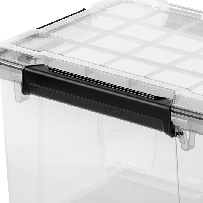 34 Quart Small Gasket Container, IP68 Waterproof Clear Plastic Storage Bin with Lid, Heavy Duty Latches and Rubber Seal, Black