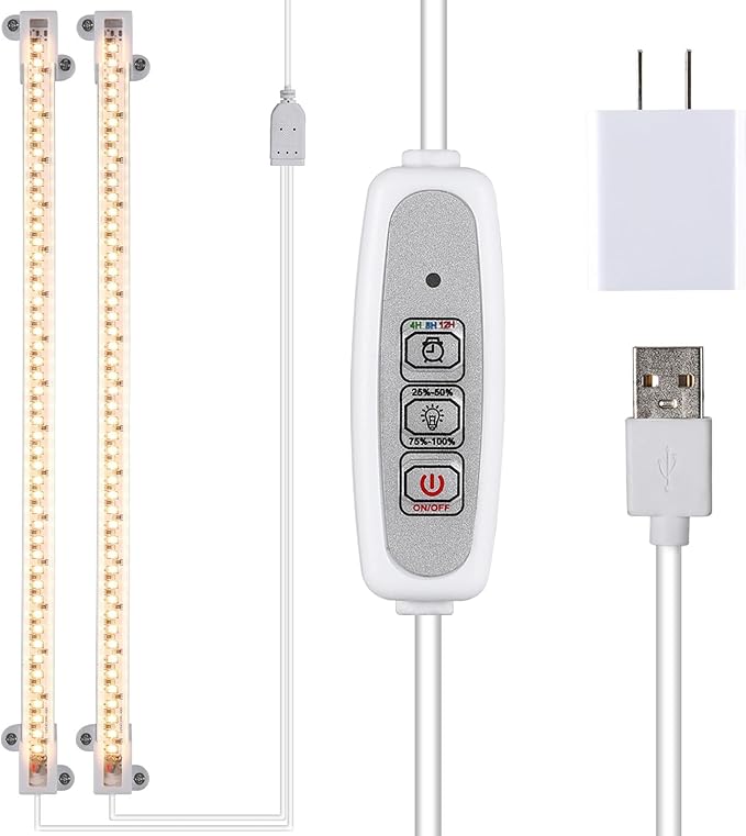 Grow Light Two Heads, Strip Growing Lamp, Full Spectrum Plant Light Strips for Indoor Plants with Auto ON/Off Timer & 4 Dimmable Levels, Led Growth Lamp for Green House Hydroponics Succulent