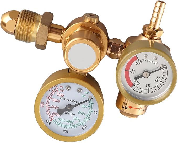 Gas Welding Regulator Argon CO2 Gauge TIG MIG Flowmeter High Precision Adjustable Pressure Reducing Valve with Double Gauge 4500psi Cylinder Pressure 1/4in Outlet 6.605GPM f