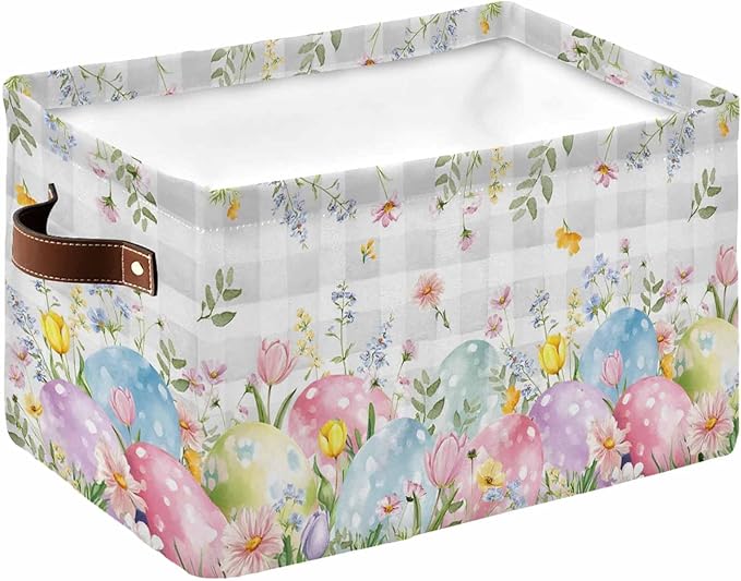 Easter Eggs Storage Bins Cubes Waterproof Cloth Storage Basket,Spring Daisy Eucalyptus Leaves Gray Plaid Foldable Storage Bags for Shelf Clothes Storages Organizers with Handles 15x11x9.5 in 1PCS