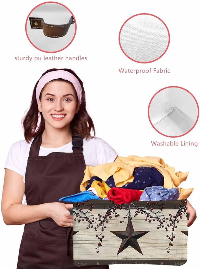 Texas Star Brown Storage Bins Cubes Waterproof Cloth Storage Basket, Farmhouse Berry Wooden Vintage Foldable Storage Bags for Shelf Closet Clothes Storages Organizers with Handles 15x11x9.5 in 2PCS