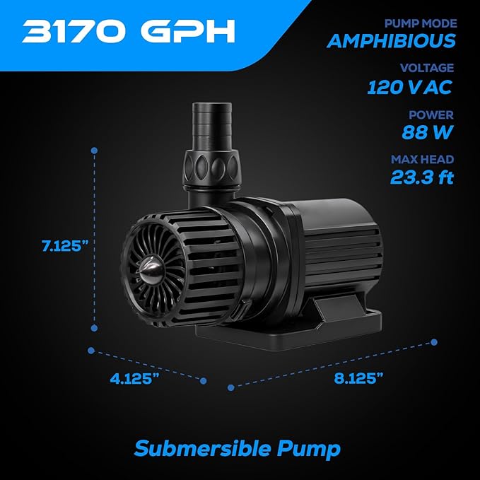 3170 GPH Intelligent ECO Amphibious Water Pump - Sine Wave Technology with Controller for Hydroponics & Aquariums, 88W - 2 Pack
