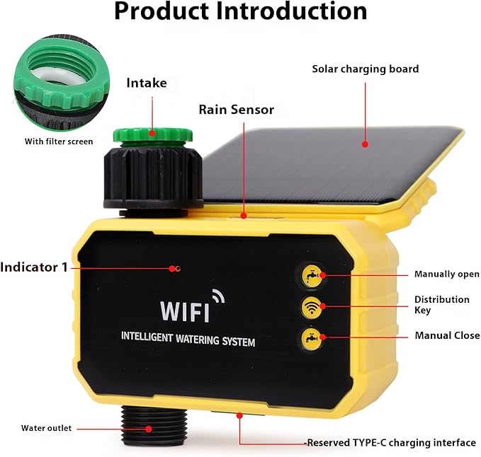 WALFRONT Smart WiFi Water Timer Adjustable 90° Solar Panel Sprinkler Timer for Garden Hose Rain Sensing Feature Automatic Irrigation Controller System