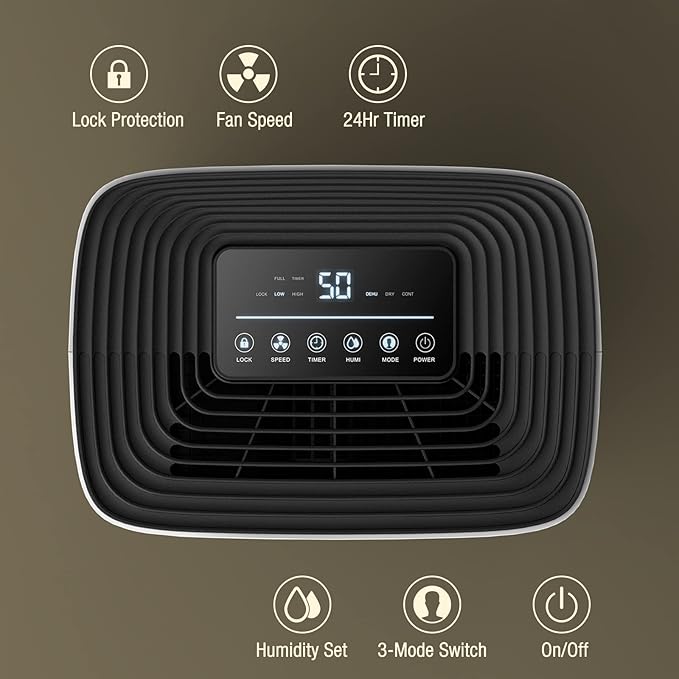 4500 Sq. Ft Dehumidifier with Drain Hose - Ideal for Bedrooms, Basements, Bathrooms, and Laundry Rooms - with Digital Control Panel, 24 Hr Timer, and Front Humidity Display