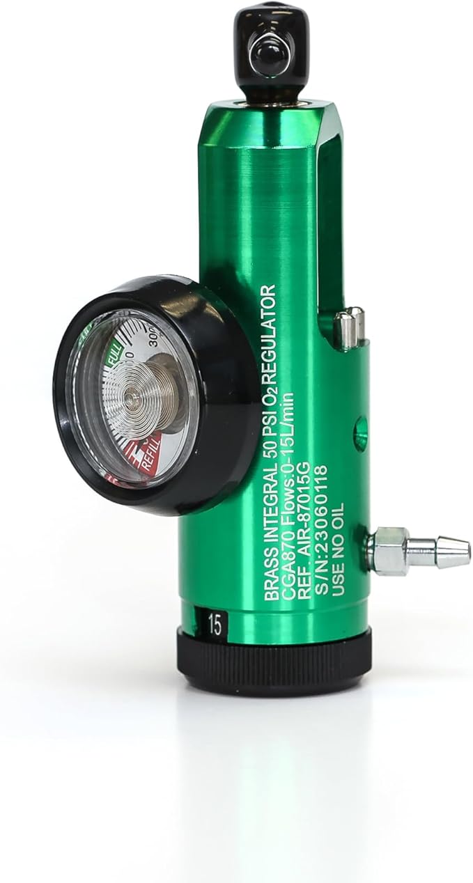 AireMed Oxygen Regulator 0-15LPM, CGA-870 Gauge Flow Rate – Includes Wrench Key, 5 Brass Yoke Washer Seals, and 2 Oxygen Tubing Swivel Connectors - Ergonomic Handle Design – Green
