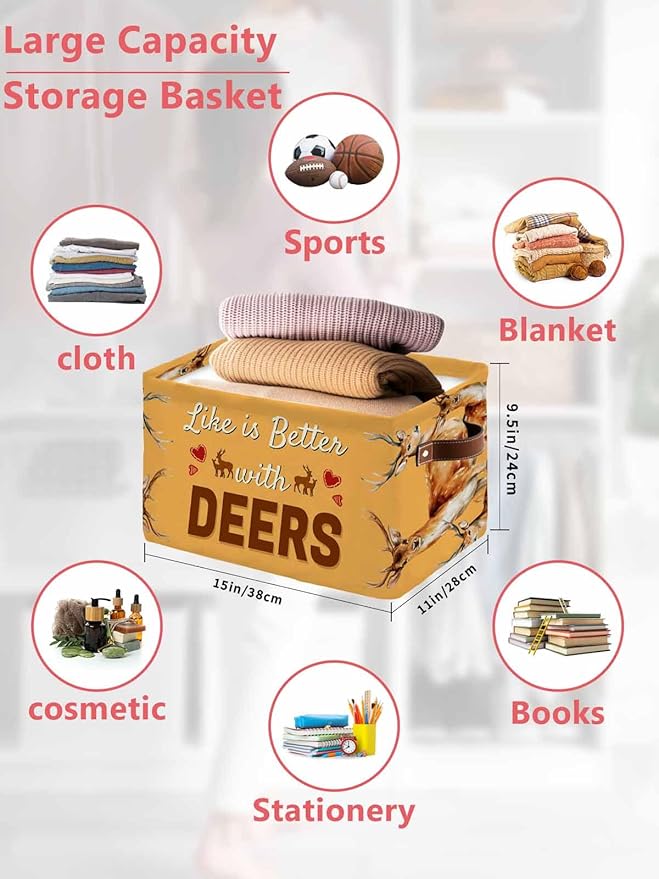 Orange Deer Storage Bins Cubes Waterproof Cloth Storage Basket, Wildlife Animals Rustic Farmhouse Elk Foldable Storage Bags for Shelf Closet Clothes Storages Organizers with Handles 15x11x9.5 in 1PCS
