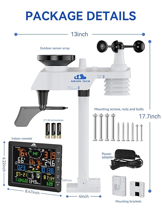 14-in-1 Wireless Weather Station with Outdoor Wireless Sensor,Radio-Controlled Clock,Rain Gauge,Wind Speed/Direction,Moon Phase,Wind Chill Index,Outdoor Dew Point,Barometer(NO WiFi)