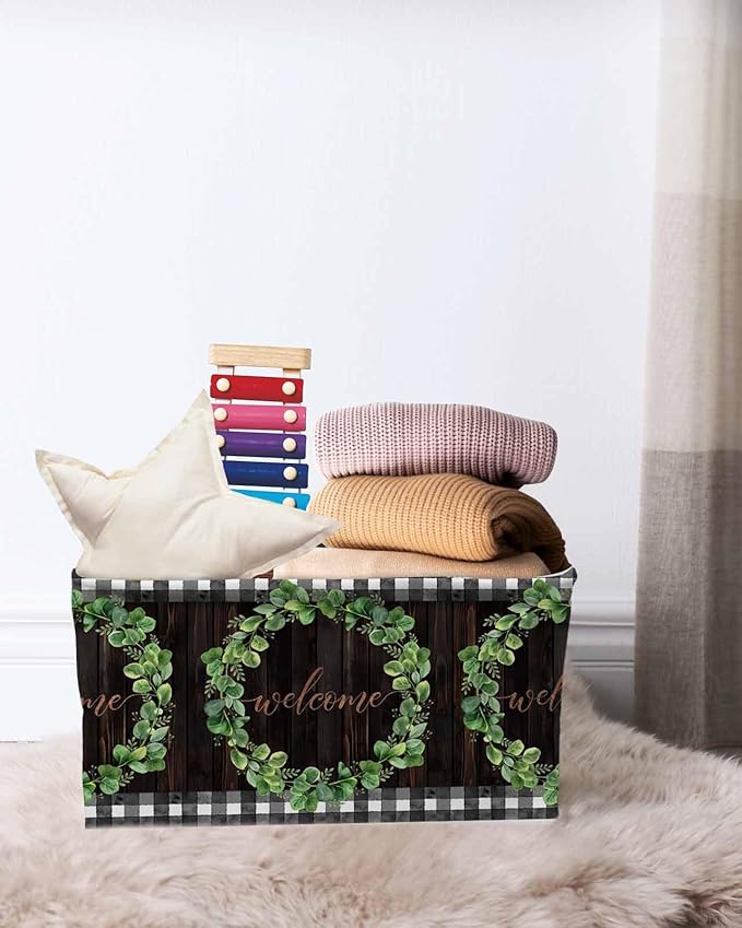 Spring Eucalyptus Leaves Storage Bins Cubes Waterproof Cloth Storage Basket,Farmhouse Botanical Brown Wood Foldable Storage Bags for Shelf Clothes Storages Organizers with Handles 15x11x9.5 in 1PCS