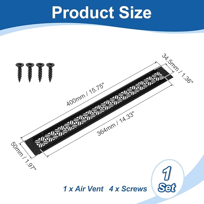 uxcell Aluminum Alloy Air Vents, 400 x 50mm / 15.7 x 2" Rectangle Louvered Ventilation Grille Cover with Mounting Screws for Door Cabinet Wardrobe, Matt Black