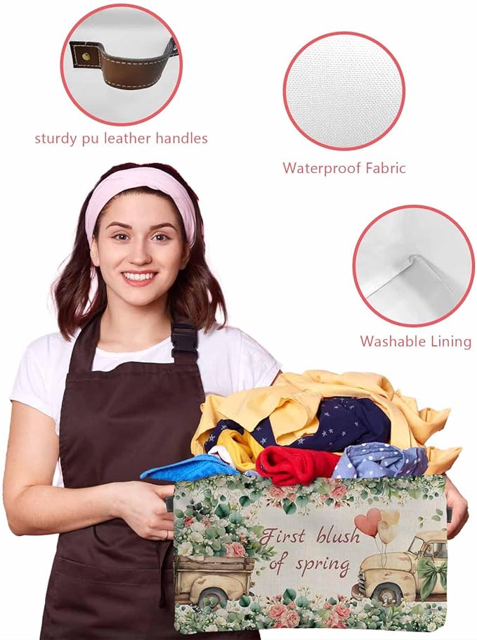 Eucalyptus Trucks Storage Bins Cubes Waterproof Cloth Storage Basket,Spring Farmhouse Floral Leaves Burlap Foldable Storage Bags for Shelf Clothes Storages Organizers with Handles 15x11x9.5 in 2PCS
