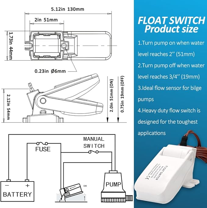 Electric Boat Bilge Pump with Float Switch for Boat Set, 1500GPH 12V Bilge Pump Kit with Automatic Float Switch