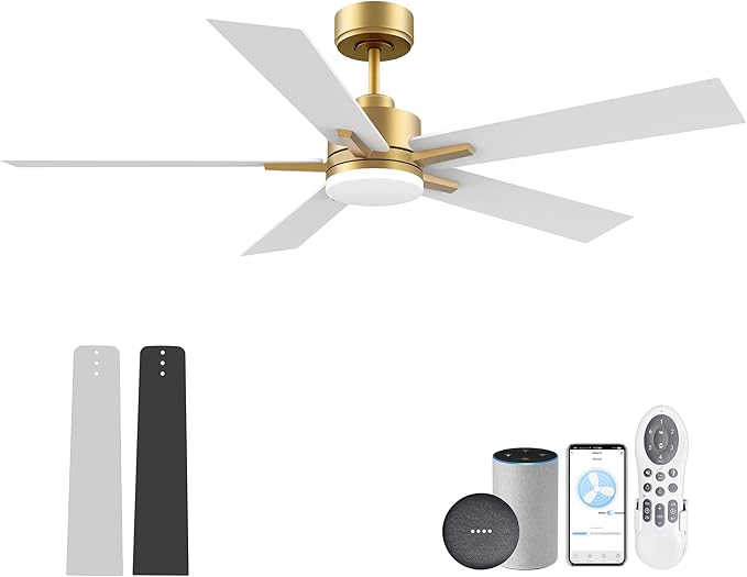 Lorpies 52” Smart Ceiling Fan with LED Lights Remote,Quiet DC Motor,Voice Control via Alexa Google WIFI Phone,Outdoor Indoor Modern Ceiling Fans,Dimmable,for Bedroom Patio Porch,Gold and White Black
