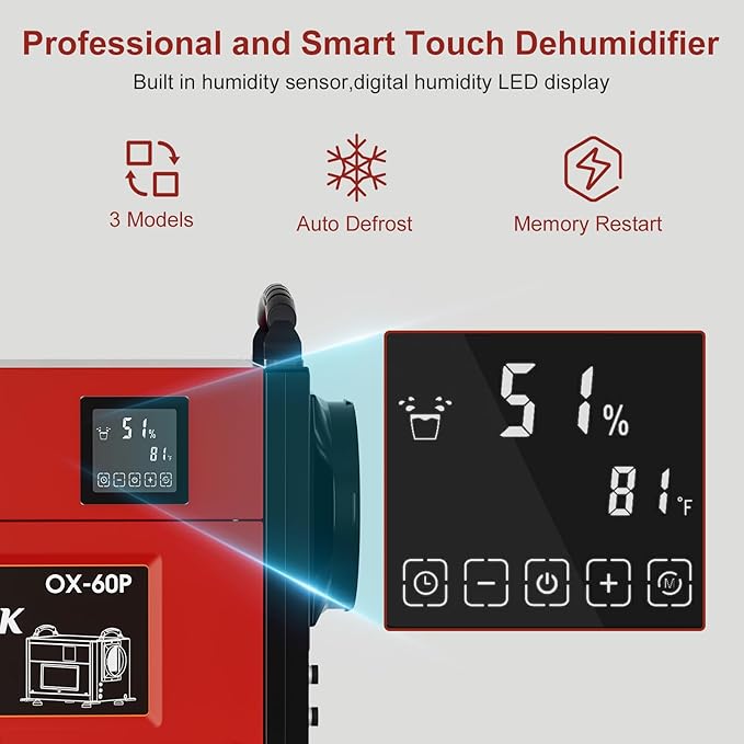 110 Pints Commercial Dehumidifier with Drain Hose, Crawl Space Dehumidifier for Water Damage Restoration, Flood Repair, Crawlspace and Basement, Red