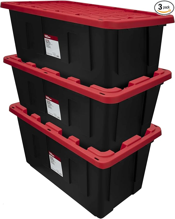 Tough 40 Gallon Plastic Storage Bin with Snap Lid, Stackable, Lockable, Black/Red, Set of 3, Heavy-Duty, Durable, Multi-Purpose Storage Containers for Indoor & Outdoor Use