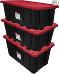 Tough 40 Gallon Plastic Storage Bin with Snap Lid, Stackable, Lockable, Black/Red, Set of 3, Heavy-Duty, Durable, Multi-Purpose Storage Containers for Indoor & Outdoor Use