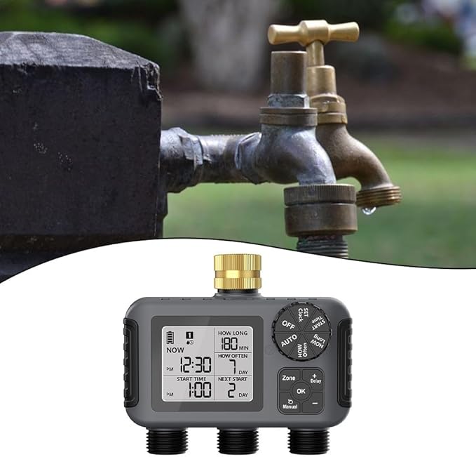Automatic Garden Watering Timer with 3 Independent Valves Rain Delay and Adjustable Schedule IPX5 Waterproof Irrigation Controller for Lawn Plants Outdoor