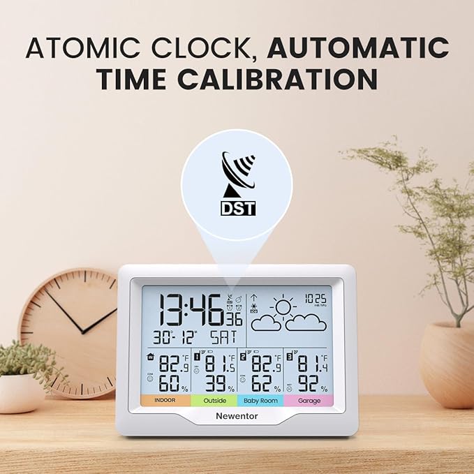 Newentor Weather Stations Wireless Indoor Outdoor Multiple Sensors, Indoor Outdoor Thermometer with Atomic Weather Clock Battery Powered, Temperature Humidity Monitor and Barometer for Home, White