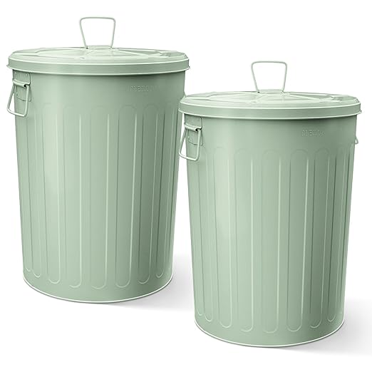 Plexon 20 Gallon Metal Trash Can with Lid Outdoor Large Trash Bin Steel Garbage Can for Garage Patio Farmhouse Bucket Bird Seed Storage Can Heavy Duty Round Container, Green 2 Pack
