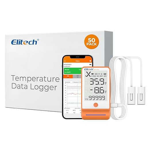 Elitech 50Pack Bluetooth Thermometer Data Logger Temperature for Refrigerator with Shadow Data 100000 Point Export PDF/CSV Report, Pharmacy Vaccine DDL Certificate, MAX MIN with Dual Probe GSP-6G-TDE