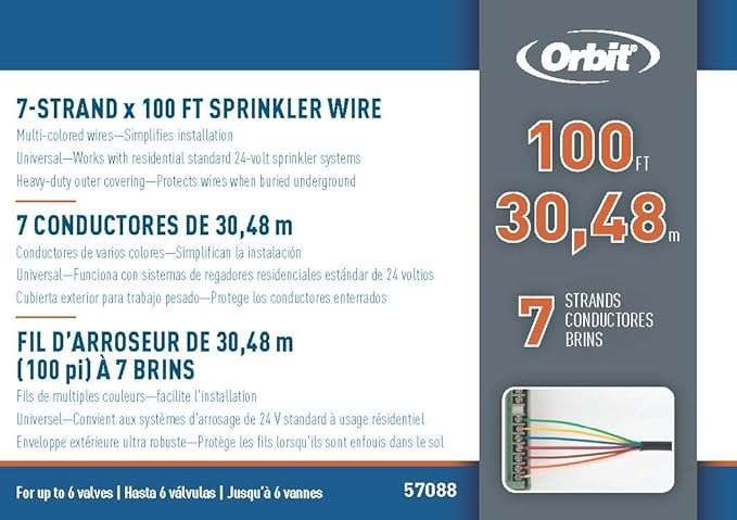 Orbit 57088 Underground Sprinkler Wire, 7-Strand Solid, 100 Ft, UF/UL Listed, Multi-Color, 18-Gauge
