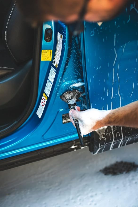 Detail Factory - Boar Hair Long-Handle Detailing Brush - Comfortable Grip and Heavy-Duty Scrubbing for Interior, Exterior, Engine Bay, Wheels, Exhaust Tips, Textured Plastic, Black on Black