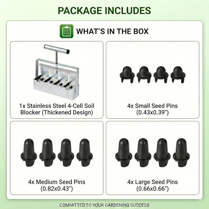 Soil Blocker 4 Cell 2 Inch – Heavy Duty Stainless Steel Soil Block Maker with Ergonomic Handle & 3 Size Seed Pins – Handheld Soil Blocker for Seed Starting, Greenhouse, Garden Tools