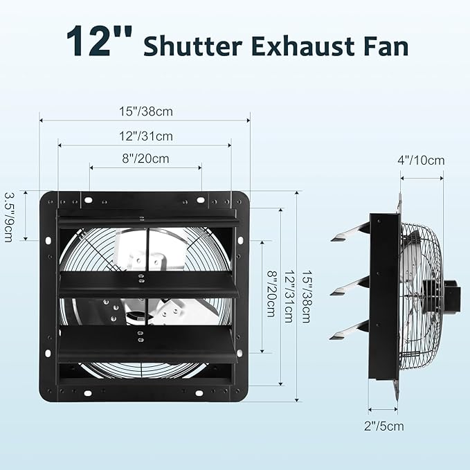 Xcity 12" Shutter Exhaust Fan with 3 ft Power Cord, High Speed AC Motor, 1597 CFM, 1650 RPM, Wall Mount Ventilation Fan with Automatic Gravity Louvers, for Garage, Shed, Greenhouse, Attic, Waterproof
