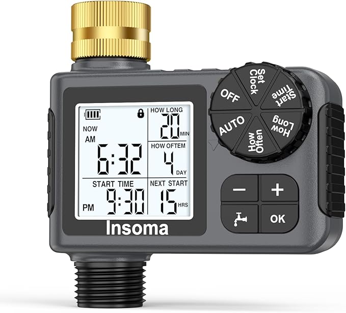 Sprinkler Timer with Brass Inlet & Outlet, Water Timer for Garden Hose with Auto/Manual/Rain Delay Mode, Easy Setup Hose Timers for Lawn, Garden, Vacation Watering,1 Outlet