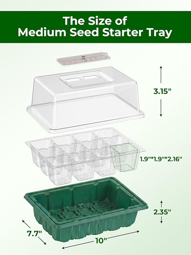 Seed Starter Tray 3 Pack with Heating Mat & 24 Full Spectrum LEDs Grow Light – Auto cycle Timer, Humidity Dome Ventilation Cover, Drainage Holes, Includes Gardening Tools – Transparent version