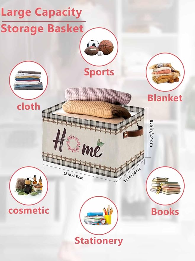 Spring Flowers Storage Bins Cubes Waterproof Cloth Storage Basket,Vintage Watercolor Black Plaid on Linen Foldable Storage Bags for Shelf Clothes Storages Organizers with Handles 15x11x9.5 in 2PCS