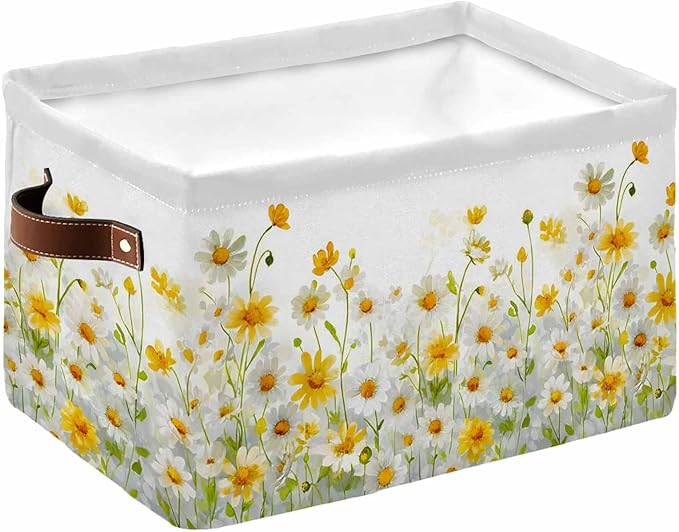 Yellow White Daisy Storage Bins Cubes Waterproof Cloth Storage Basket, Farmhouse Garden Flowers Blossom Foldable Storage Bags for Shelf Closet Clothes Organizers with Handles 15x11x9.5 in 1PCS