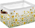 Yellow White Daisy Storage Bins Cubes Waterproof Cloth Storage Basket, Farmhouse Garden Flowers Blossom Foldable Storage Bags for Shelf Closet Clothes Organizers with Handles 15x11x9.5 in 1PCS